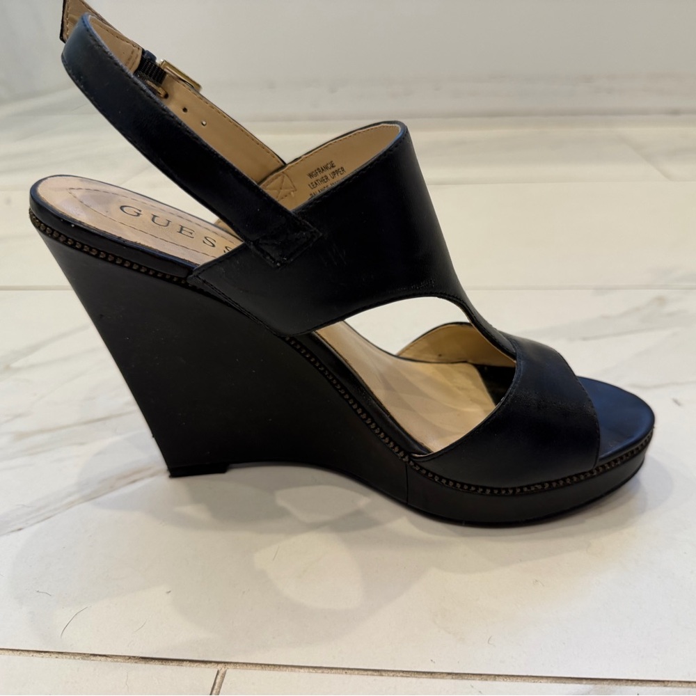 GUESS Black Leather Open-Toe Wedge Sandals